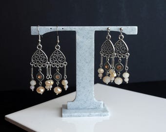 Silver Peachy Orange Filigree Chandelier Earrings: Pale Orange Boho Earrings