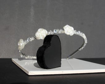 Ivory Flower and Diamante Wedding Tiara, Bridal and Prom Shell Hair Piece, Off White Flower Hair Band