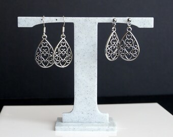 Teardrop Shaped Filigree Earrings, Silver Teardrop Boho Style Earring, Clip On Statement Earring, Stud Teardrop Earring, Non Pierced Ears