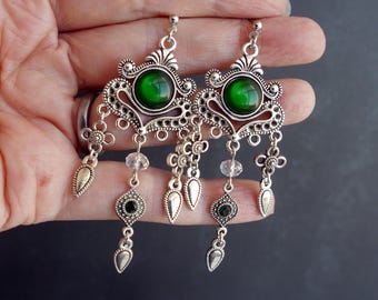 Silver Filigree Green Earrings: Boho Dangle Drop Earrings