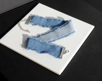 Blue Denim Fabric Choker: Frayed Edge Jean Style Necklace