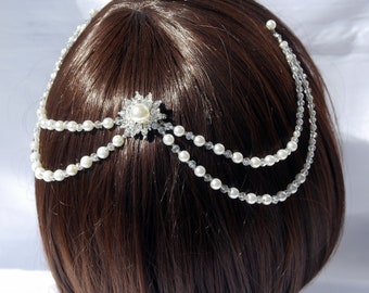 Silver Diamante Bride Wedding Prom Hair Piece, Pearl Bridal Wedding Hair Accessory, Bridal Prom Hair Chain, Brides Pearl Head Chain