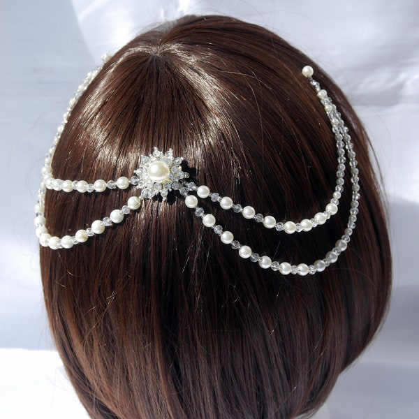 Silver Diamante Bride Wedding Prom Hair Piece, Pearl Bridal Wedding Hair Accessory, Bridal Prom Hair Chain, Brides Pearl Head Chain