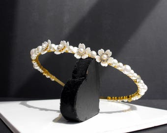 Pearl Wedding Tiara: Gold Diamante Flower Bridal Headband
