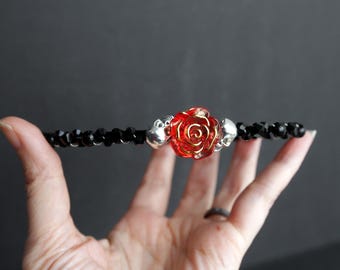 Gothic Black and Red Flower Tiara, Silver Skull Gothic Bride Headband, Skull and Rose Black Hair Piece, Purple Rose and Black Bead Tiara