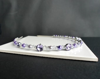 Thin Purple Pearl Tiara Hair Band, Purple Pearl and Rhinestone Tiara, Thin Purple Bridesmaid Headband, Purple Pearl and Diamante Hair Piece