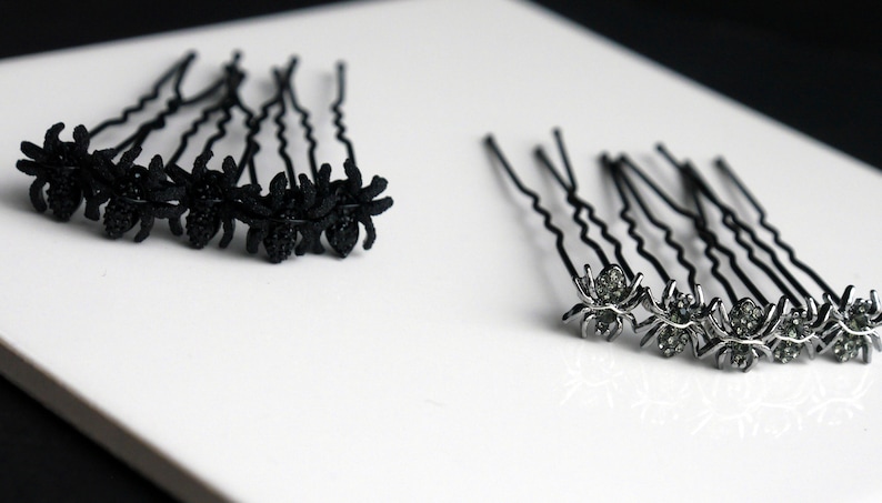 Mini Silver Spider Hair Grips, Spider Ballet Hair Pins, Spider Hair Jewellery, Diamante Spider Hair Pins, Black Gothic Spider Hair Accessory bild 3