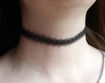 Black Lace Choker Necklace, Boho Black Choker, Bohemian Choker, Black Tattoo Lace Choker, Trendy Black Choker, Simple Delicate Lace Choker,
