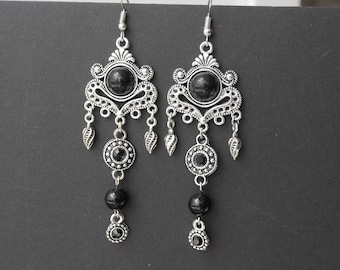 Silver Filigree Dangle Earrings: Black Stone Boho Chandelier