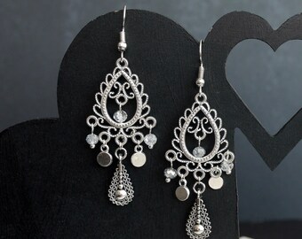Silver Filigree Teardrop Earrings: Boho Clip On Stud or Hook Earrings