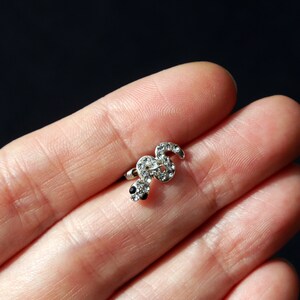 May include: A silver snake-shaped earring with clear and black rhinestones.