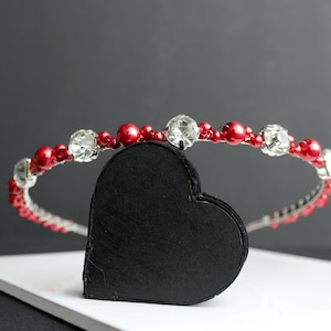 Red Wedding Hair Accessory, Thin Red Pearl Tiara Band, Red Hair Band Prom Accessory, Red Bridesmaid Hair Piece, Red Flower Girl Headpiece