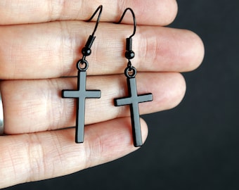 Black Cross Shaped Earrings, Black Christian Cross Earrings, Christian  Cross Jewellery, Gothic Black Cross Dangle Drop Earrings