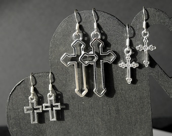 Silver Cross Earrings, Hook or Clip On Christian Cross Earrings, Girls Teens Mini Cross Earrings, Hollow Cross Dangle Drop Earrings
