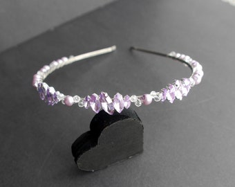 Thin Purple Pearl and Sparkling Rhinestone Tiara Hair Band, Thin Purple Bridesmaid Headband, Purple Prom Wedding Tiara Hair Band