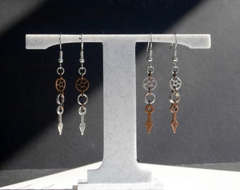 Cog and Clock Hand Steampunk Earrings: Copper & Silver Tone
