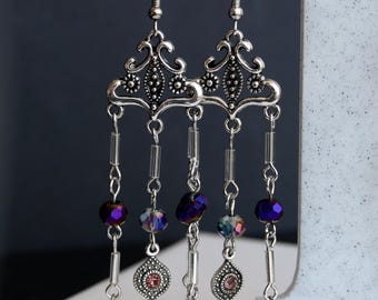 Silver and Bluey Purple Filigree Earrings, Silver Statement Chandelier Earrings, Clip On Boho Hippie Earrings, Non Pierced Ears