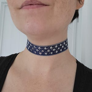 Silver Star Print Choker, Long Black Celestial Chokers, Black Star Space Choker, Astronomy Themed Star Choker, Star Astrology Choker