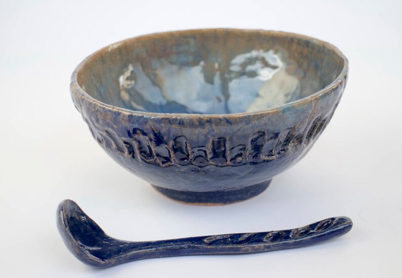 Handmade ceramic bowl and spoon, Soup Bowl, Ceramic Large Serving Bowl, cobalt Bowls, pottery, Dipping Bowl , Stoneware Bowl, salad bowl image 2