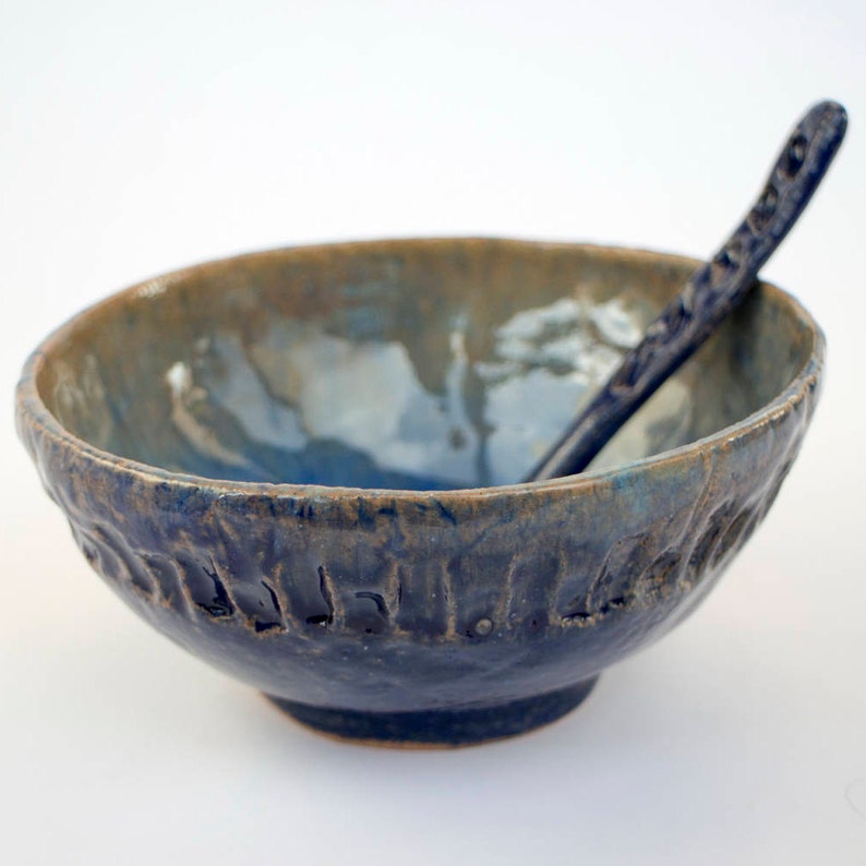 Handmade ceramic bowl and spoon, Soup Bowl, Ceramic Large Serving Bowl, cobalt Bowls, pottery, Dipping Bowl , Stoneware Bowl, salad bowl image 1