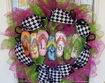 Spring wreath, summer wreath, Holiday,flip flop wreath, welcome wreath