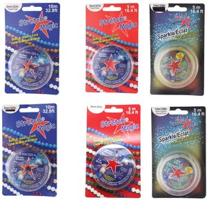 May include: Selection of Stretch Magic bead and jewellery cord in various colours and sizes. Packaging includes text such as "Bead & Jewellery Cord" and "Sparkle/Éclat". The cord diameters range from 6mm to 8mm, and 1mm. Lengths are 10m (32.8ft) and 5m (16.4ft).