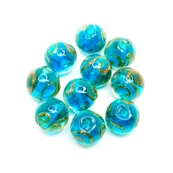 10 Handmade Lampwork Glass Beads - Translucent Blue Gold Swirls - 10mm P01632