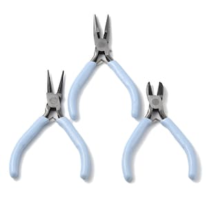 May include: Three pairs of pliers with blue handles. The pliers are made of metal and have a silver finish. The pliers are used for jewellery making and crafting.