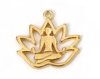 10 Flower Yoga Charms - 18mm x 17mm - Gold Plated - Meditation Charm