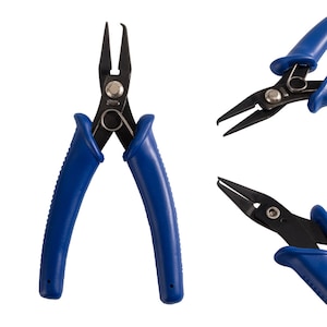 May include: Needle-nose pliers with blue handles and black jaws, ideal for detailed tasks. The pliers feature a spring mechanism and are shown against a white backdrop. The blue handles offer a secure grip. The tool is designed for precision work.