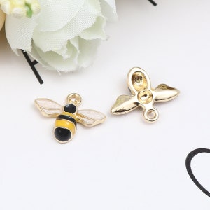 10 Bee Charms - 15mm - Enamel on Gold Tone Metal - Yellow & Black Body - Insect