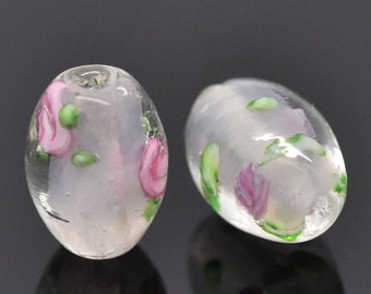 10 Lampwork Pink Flower Oval Glass Beads 14mm x 10mm J15157XD