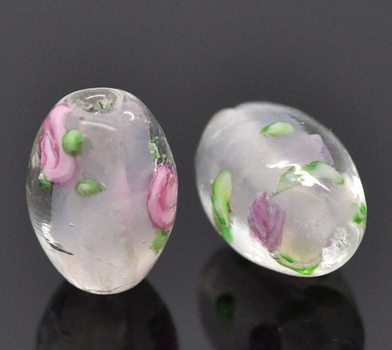 Lampwork Glass Beads 10mm Green w/Pink