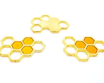 10 Honeycomb Charms - Gold Plated + Enamel - Hexagons - 24mm x 17mm - J81384