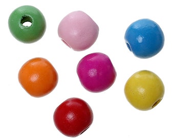 100 Perles Rondes en Bois - Érable, Peintes - Couleurs Mixtes - 10mm x 9mm - J70811