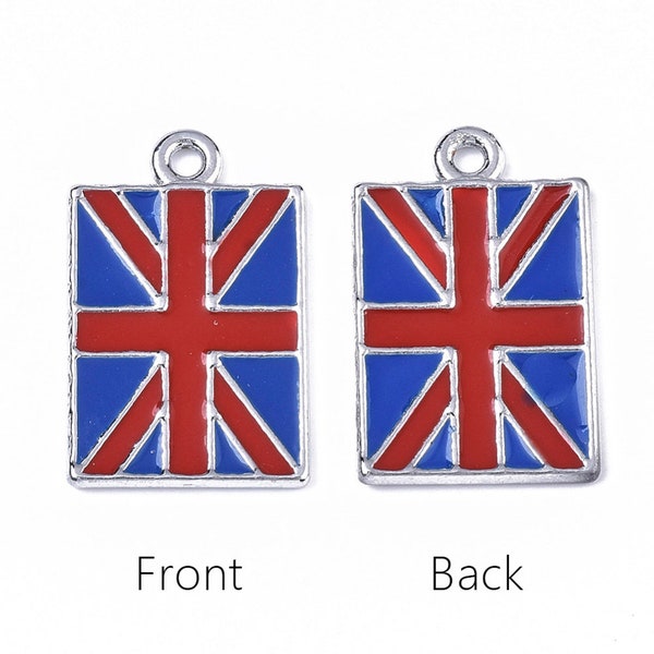 5 breloques Union Jack - drapeau anglais - 29 mm x 18 mm - émail + ton argent - P00694