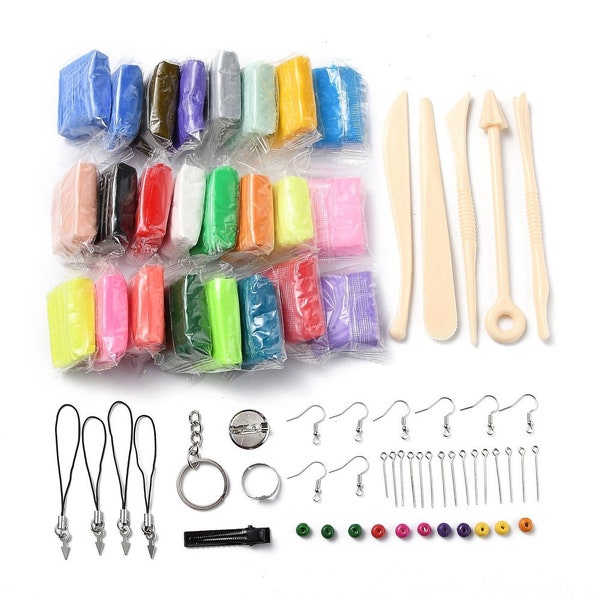 Polymer Clay Jewellery Making kit - 24 Colours, Findings, And Tools - P00536