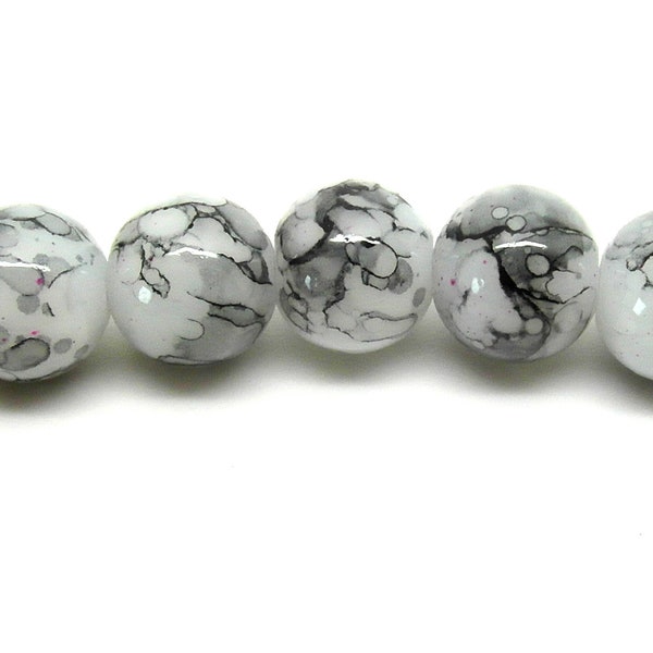 100 Off White Black Mottled Marbled Glass Beads - 8mm - One Strand P00274XB