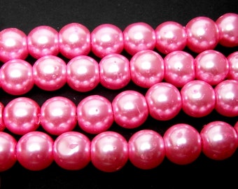 100 Pink Glass Imitation Pearls - 8mm Round Beads