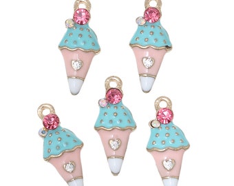 5 Ice Cream Cone With Rhinestone Cherry Charms - Enamel - 23mm x 10mm J73817