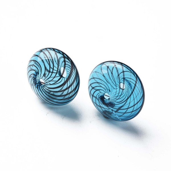 5 perles rondes plates en verre creuses faites main en verre au chalumeau - Bleu acier - 19 mm - P01621