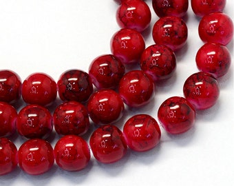 100 Red (Deep) Mottled Marbled Glass Beads - 8mm - One Strand - Darker Marbling