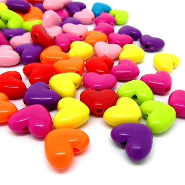 100 Acrylic Heart Beads - Opaque - 14mm x 11mm - Childrens Crafts - J23162W