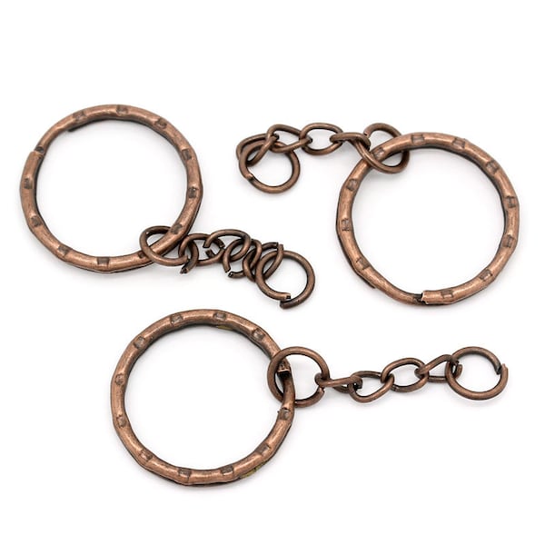 10 Keyring Blanks Key Fobs With Chains Antique Copper Tone Splitring J26895B