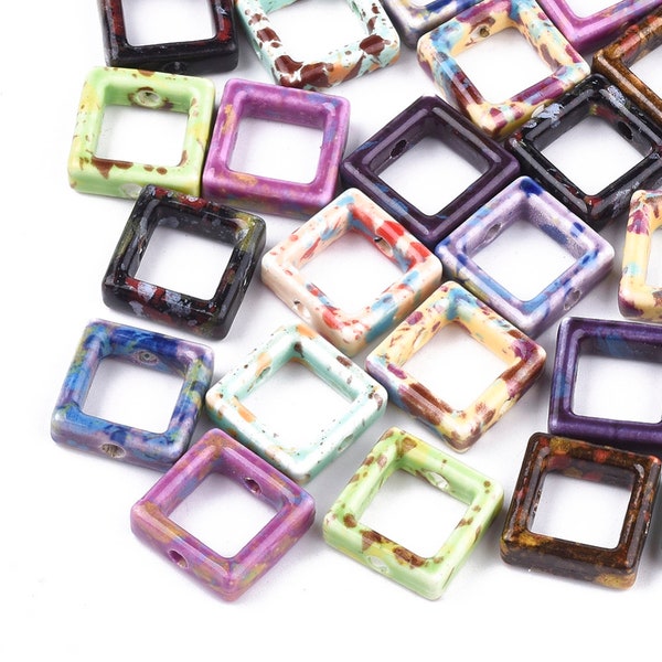 10 Porcelain Square Bead Frames - Mixed Colours Glossy Finish - 15.5mm - P00834