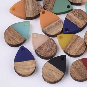 5 Resin & Walnut Wood Teardrop Pendants -16mmx11mm- Surfer - Mixed Colour-P00671