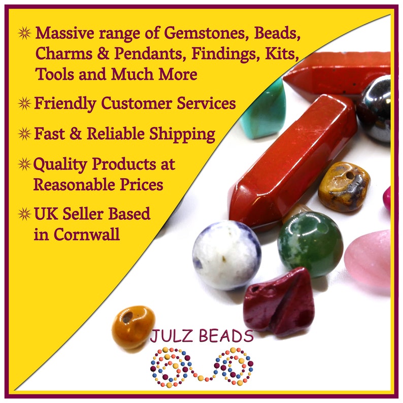 May include: An assortment of gemstones, beads, and pendants in various shapes and colors. The image includes red, green, and white stones, along with the text "JULZ BEADS". The text also mentions a massive range of products and customer service.