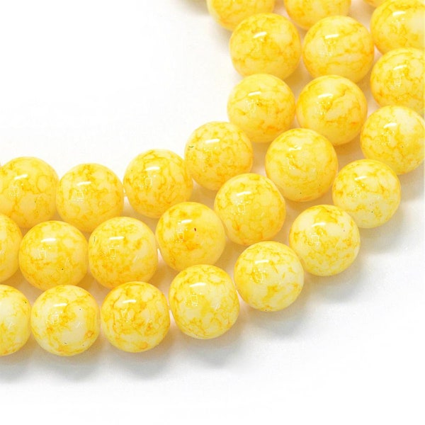 100 perles de verre marbrées jaunes - 8 mm - Un brin - Marbré plus foncé