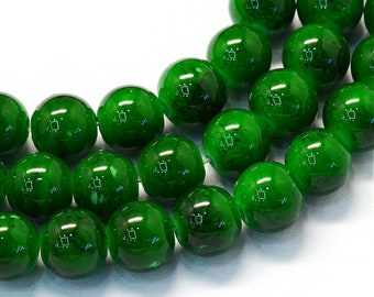 100 Green Mottled Marbled Glass Beads - 8mm - One Strand - Darker Marbling