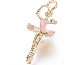 5 Pink Ballet Dancer - Enamel + Gold Plated - 28mmx11mm - Spinning Girl - P00695